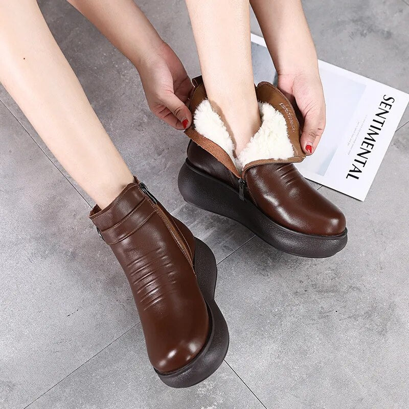 Waterproof Women Snow Boots 100% Genuine Leather Natural Wool Fur Platform