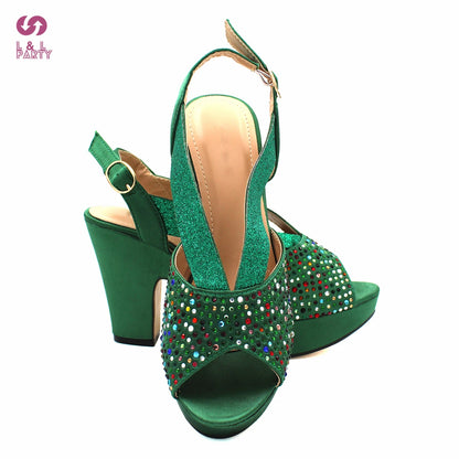 Fashionable Italian Women Shoes Matching Bag in Green Color Mature African Ladies Comfortable Heels Sandals for Party