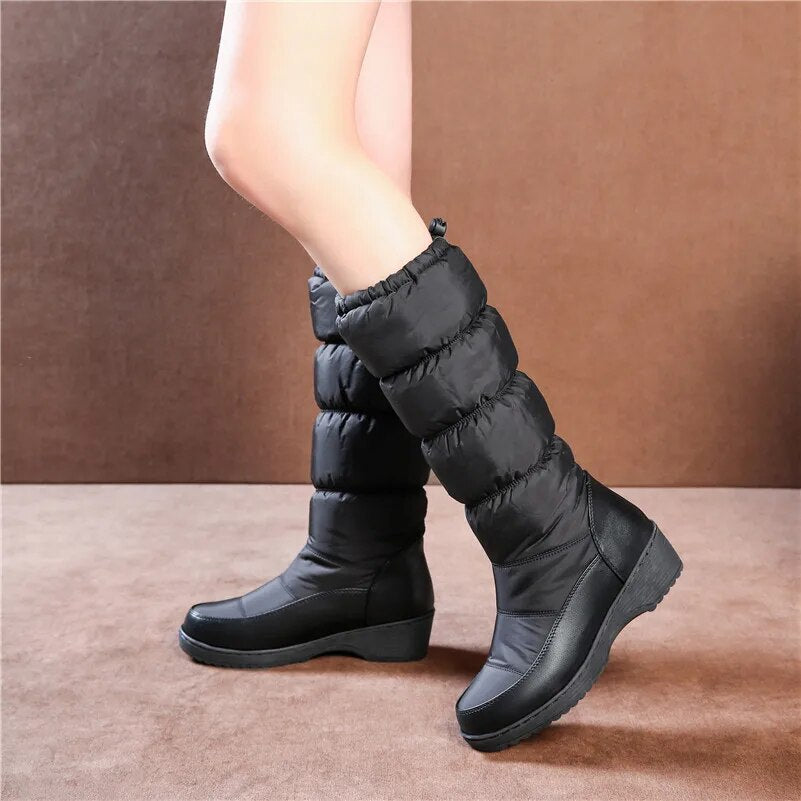 Women Wedges High Heels Snow Boots Winter Mid-calf Long Warm Shoes Woman