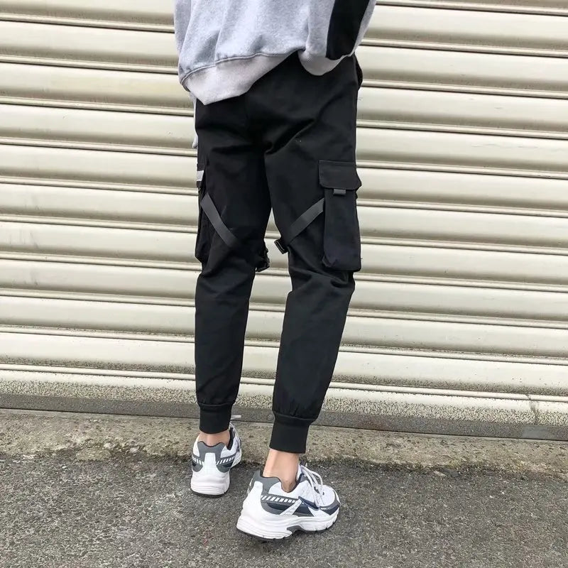 Ribbons Harem Joggers Men Cargo Pants Streetwear Hip Hop Casual Pockets