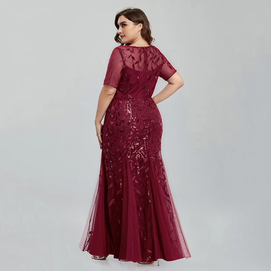 Women Plus Size Sequin Mesh Embroidery Mermaid  Evening Dress