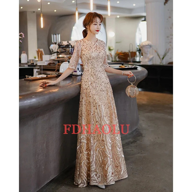 Homecoming Dresses: Evening Dress Banquet Elegant Gold Half Sleeved Party Prom Gown