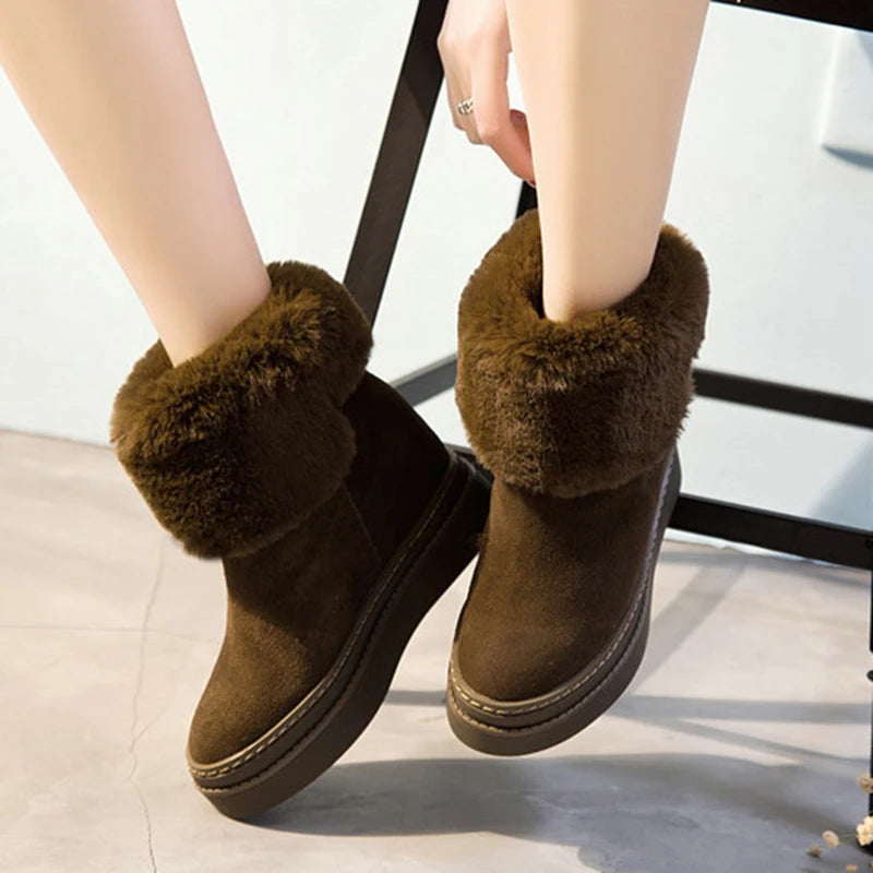 Women's Snow Boots Genuine Leather Hidden Heel Ladies Boot Winter Plush Woman