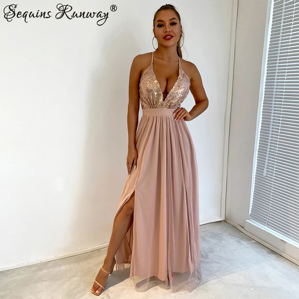 Evening wear Dresses: Backless slip Sequin corset maxi dress women mesh
