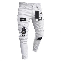 Men Stretchy Ripped Skinny Biker Embroidery Cartoon Print Jeans Destroyed Hole