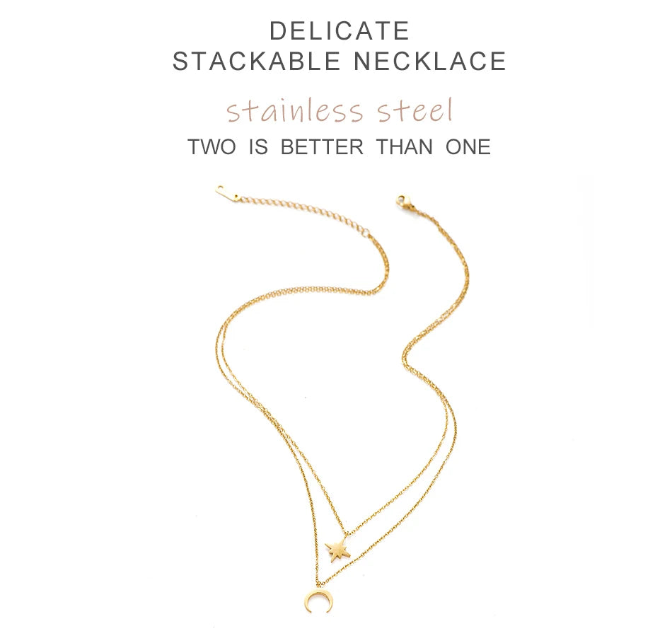 Moon Star Layered Necklace for Women Girl Sweater Pendant Necklaces Gold Plated