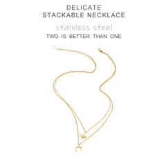 Moon Star Layered Necklace for Women Girl Sweater Pendant Necklaces Gold Plated