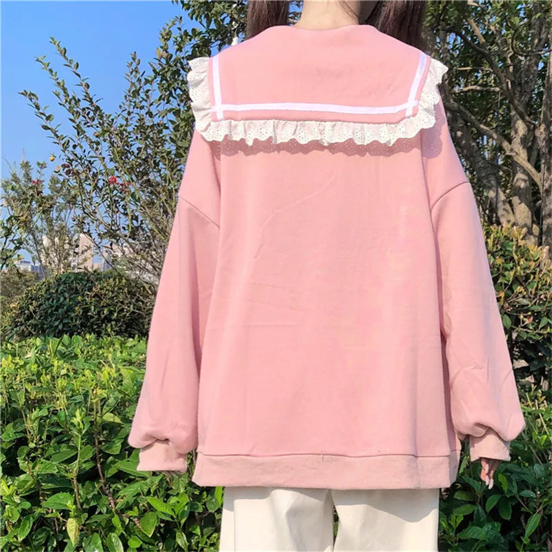 Women Hoodies Loose Hooded Sailor collar Cute Lace patchwork female