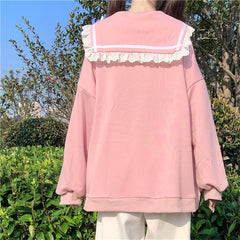 Women Hoodies Loose Hooded Sailor collar Cute Lace patchwork female