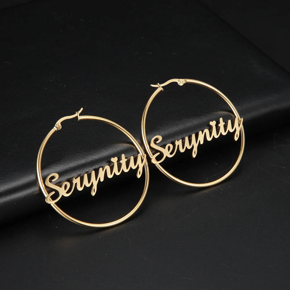 Sipuris Stainless Steel Personalized Customize Name Hoop Earrings Jewelry For Women Girls Circle Earring Fashion 30-60 MM