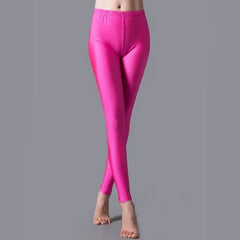 Women Shiny Pants Leggings Solid Color Fluorescent Spandex