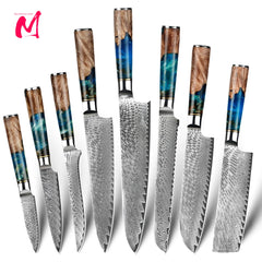 Kitchen Knives-Set Damascus Steel VG10 Chef Knife Cleaver Paring Bread Knife Blue