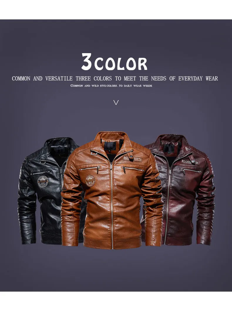 Leather Jacket Men Winter Fleece Motorcycle PU Leather Jacket Mens Stand Collar