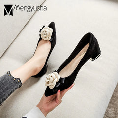 Ladies Pumps Real Velvet Shoes With Camellia Women 4cm Med-High Heels