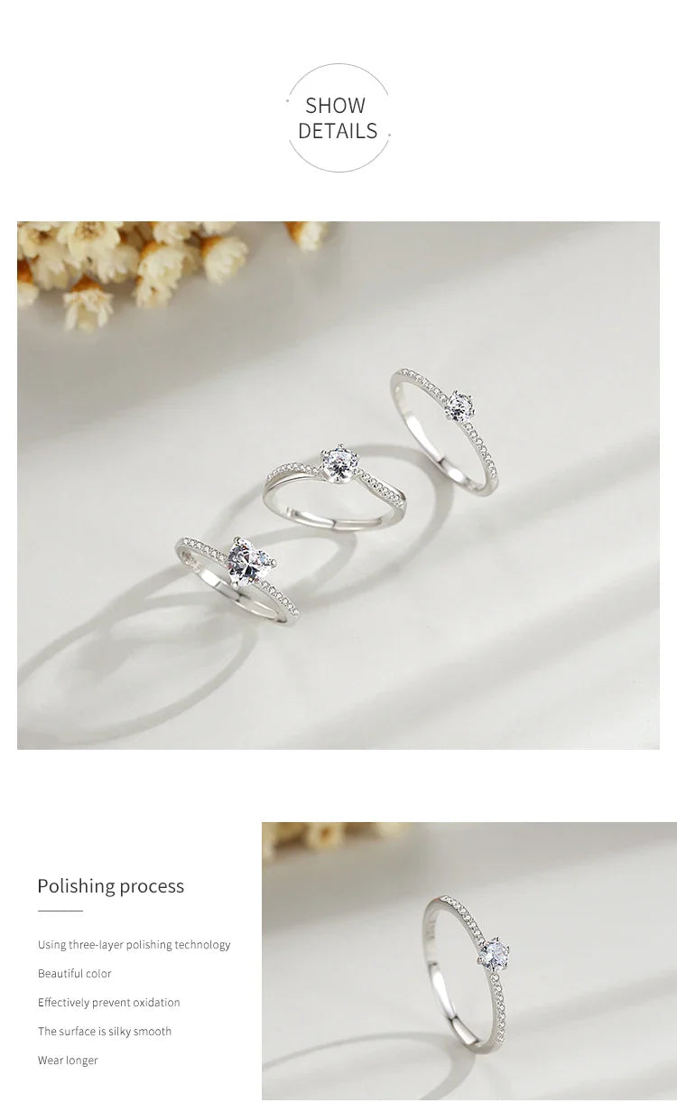 Ailmay Real 925 Sterling Silver Simple Sparkling Round Clear Zircon Ring For Women Classic Luxury Wedding Accessories Jewelry