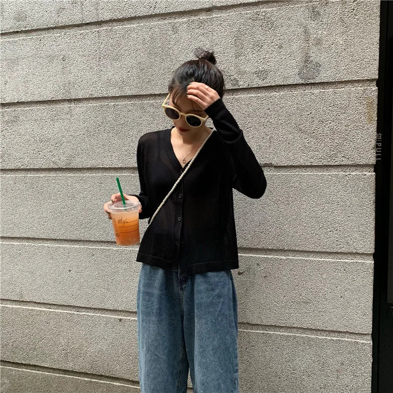 Cardigan Shirt Women Tops Korean Long Sleeve Cardigan Summer Tops V Neck