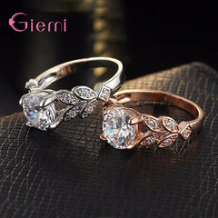 925 Sterling Silver Rings Vine Leaf Design Engagement Cubic Zircon Ring Fashion