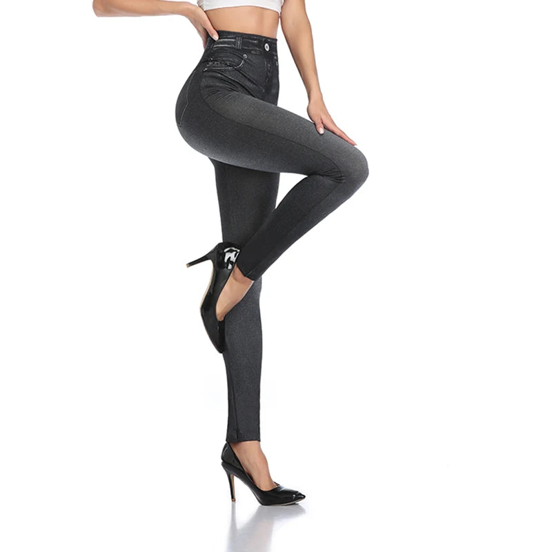 Push Up Seamless High Waist Faux Denim Leggings Women Casual Elastic Pocket Jeans