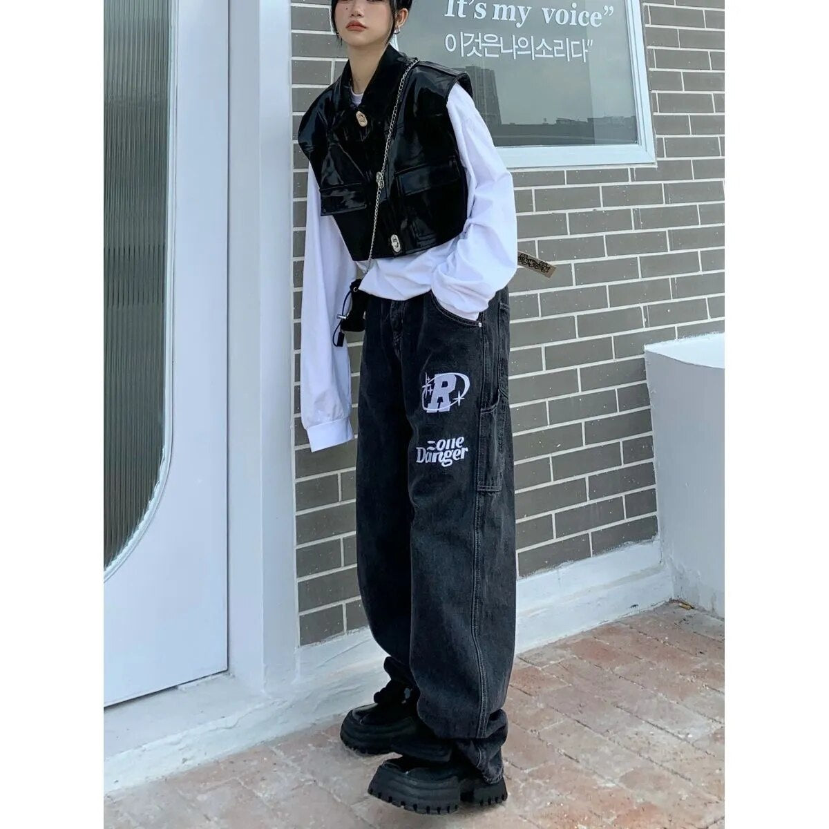 American street clothing pocket jeans female letteprint high waist casual pants