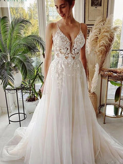 Beach Wedding Dresses Long Tulle Lace Vintage Bridal Gown A-Line