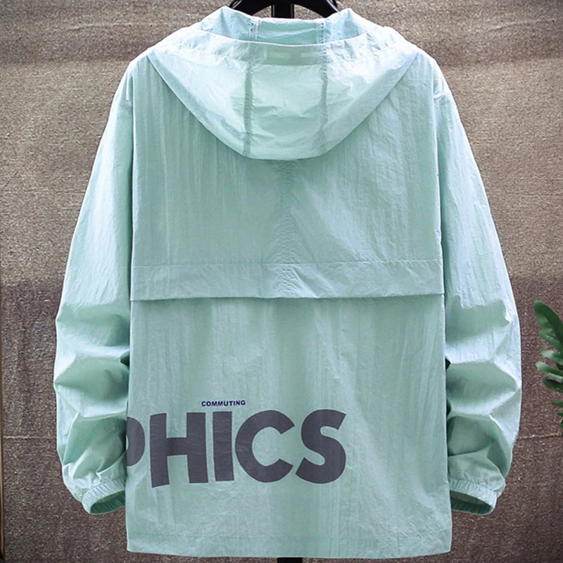 Summer UV Protection White Skin Coats Men Fashion Letter Print Hooded Casual