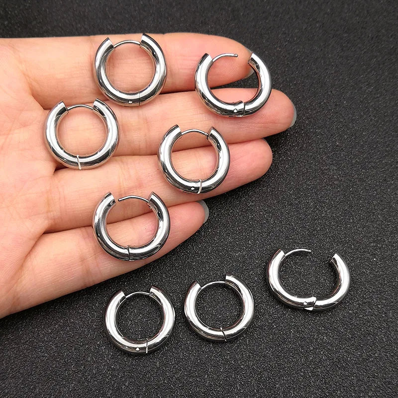 6pcs/lot Thick 3.0mm 4.0mm 5.0mm Stainless Steel Circle Hoop Earrings For Women Girls Gold Silver Color Round Geometry Earrings