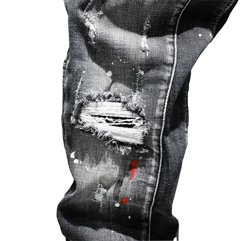 Ripped Hole Jeans Men's Paint Dots Ink Splattered Soft Cotton High Elastic