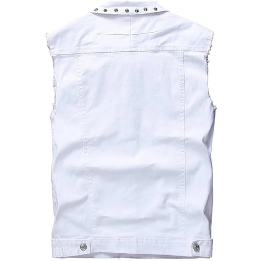 Mens White Denim Vest Single Breasted Rivet Party Stage Slim Fit