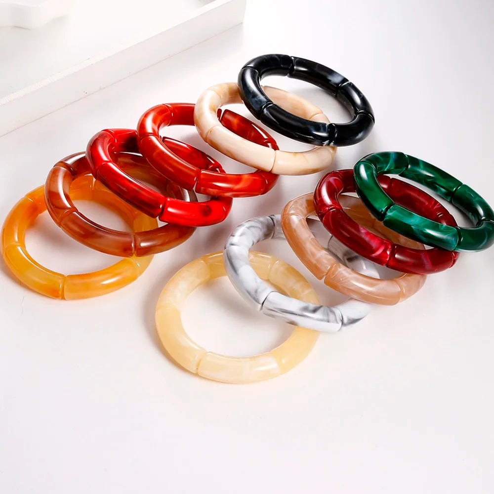Fashion Acrylic 4PCS/Set Resin Amber Bamboo Bead Elastic Bracelet Bangles Tube Beads Handmake 2024 Trendy Designer Bracelet Set