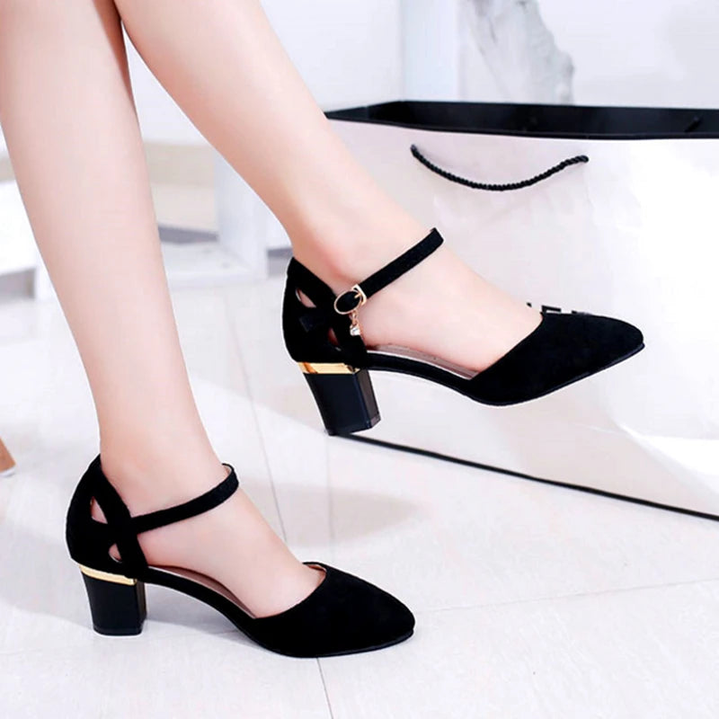 Cresfimix women classic high quality pink square heel shoes for office ladies black flock party heel pumps zapato tacon a5986