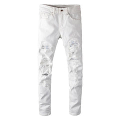 Sokotoo Men's White Crystal Holes Ripped Jeans Fashion Slim Skinny Rhinestone