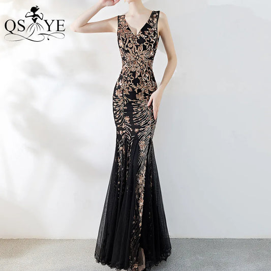 Double-V Black Mermaid Evening Dress Gold Lace Tulle Prom Gown Appliques Dress