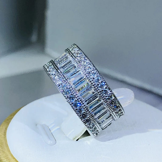 925 Sterling Silver Dazzling Rectangle CZ Zircon Crystal Ring Promise Wedding