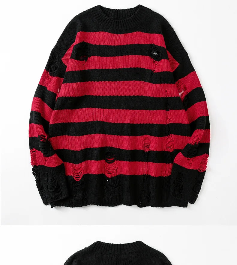 Black Stripe Sweaters Destroyed Ripped Sweater Men Pullover Hole Knit Jumpers Men