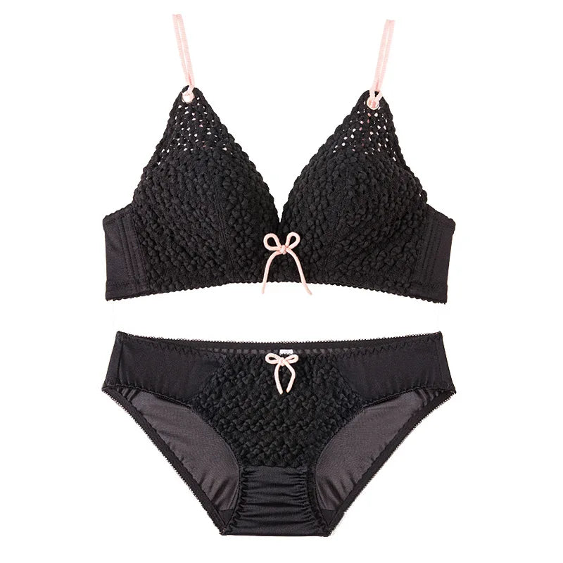 Deep V Linen Cotton Embroidery Wire Free Push Up Bra Set Panties Bow Padded