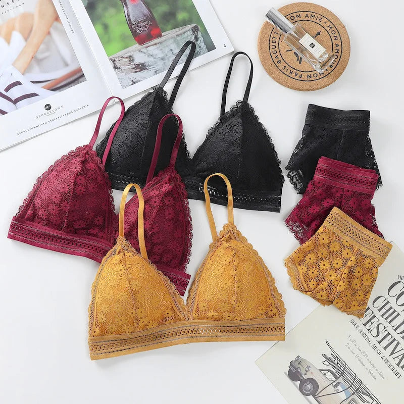 Transparent Women's Bra and Underwear Set Lace Brassiere Push-up Bra and Panty