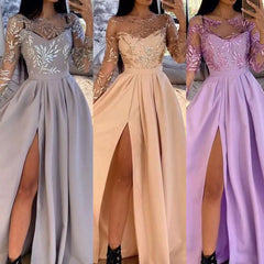 Evening wear Dresses: Women Dress O-Neck High Split Bronzing Maxi Dress