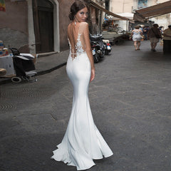 Mermaid Wedding Dress Women Slit Beach Sheath Open Back Sheer Lace