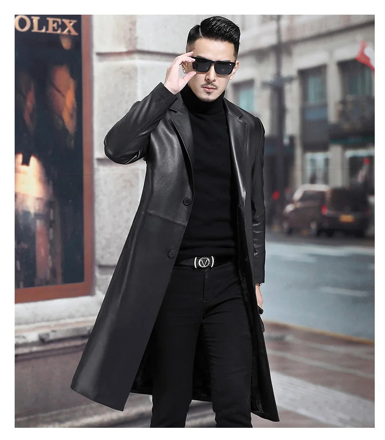 Long Black Mens Leather Blazer Jacket Long Sleeve Lapel Plus Size Faux Leather Coat