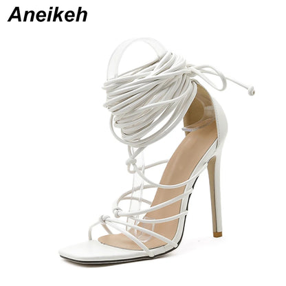 Aneikeh NEW Summer Sexy Women's Sandals Narrow Band Slides Ladies Gladiator Party Thin Heels Square Toe colourful Shoes Fashion