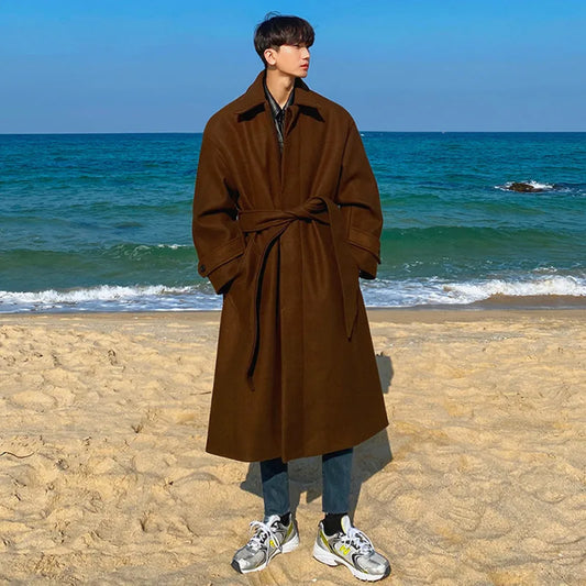 Tweed Overcoat Men's Autumn Winter Long Coat Loose Knee-length Korean