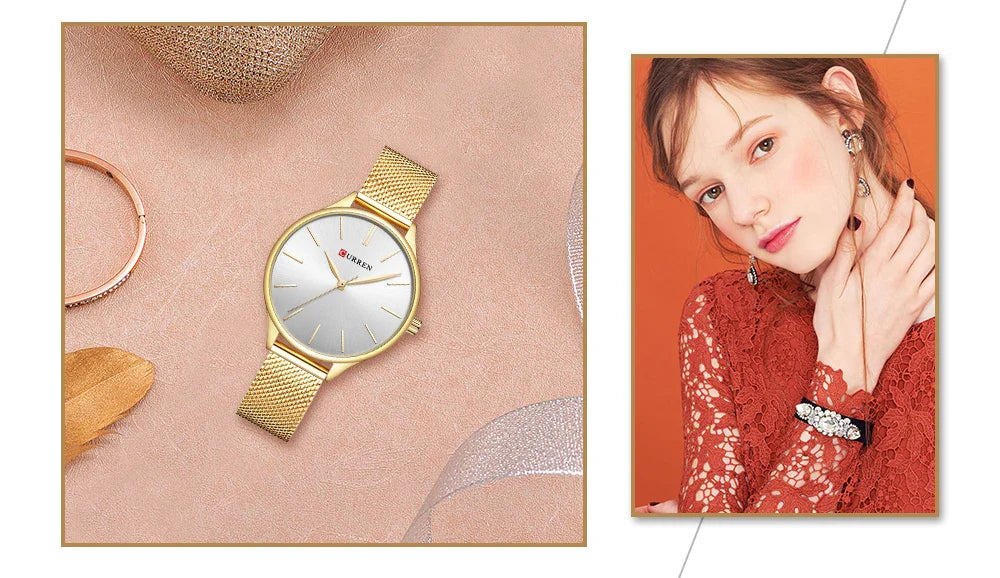 CURREN Original Women's Luxury Watch Matte Dial Japanese Quartz Movement Stainless Steel Mesh Strap with Box