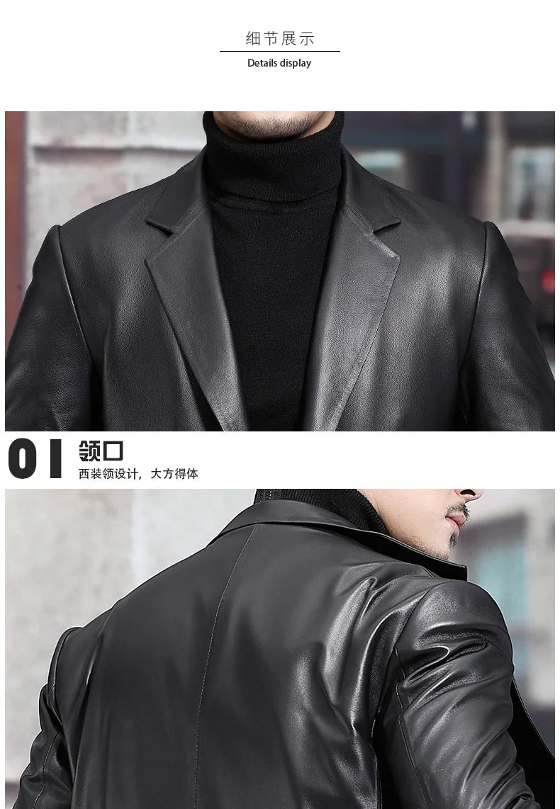 Long Black Mens Leather Blazer Jacket Long Sleeve Lapel Plus Size Faux Leather Coat