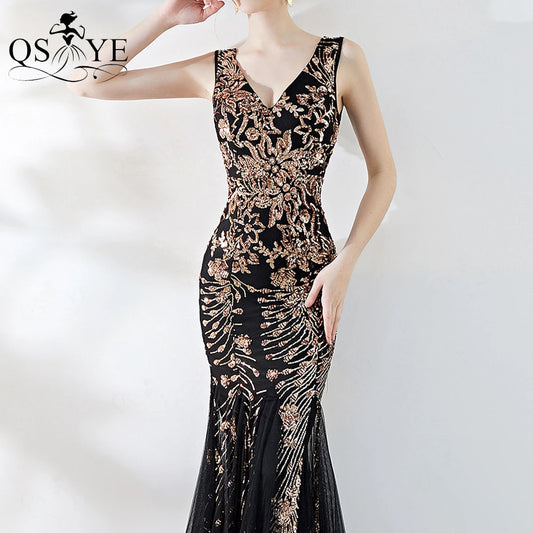 Double-V Black Mermaid Evening Dress Gold Lace Tulle Prom Gown Appliques Dress