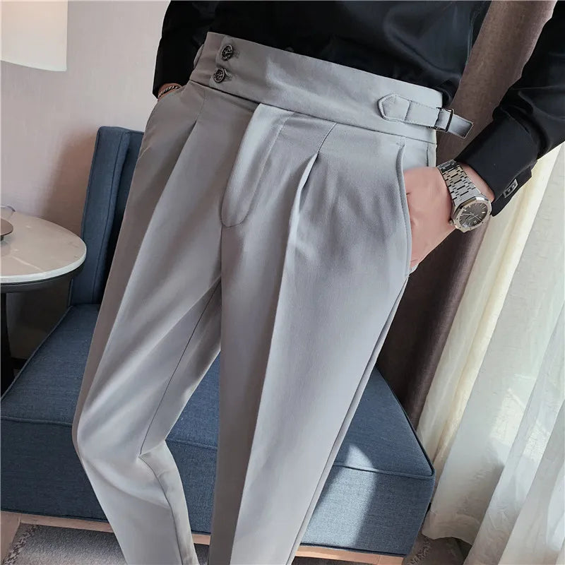 Business Casual Draped High-waist Trousers Men Solid Color Formal Pants Male