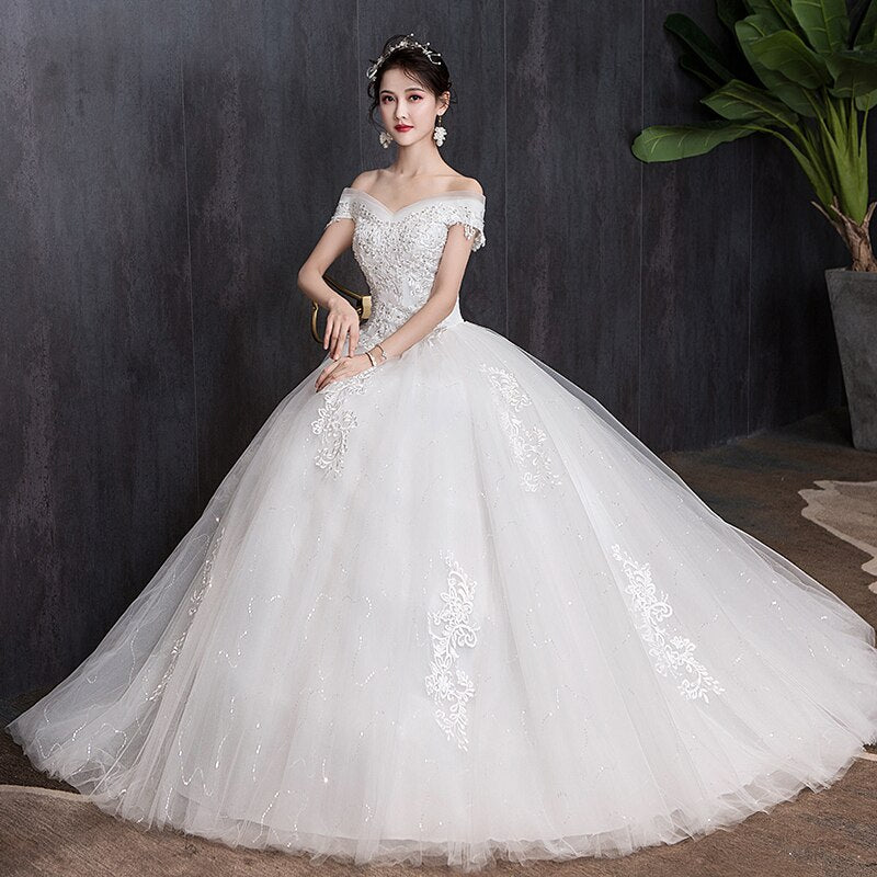 White Bridesmaid Dresses: Off The Shoulder Wedding Dress light Appliques Pearls
