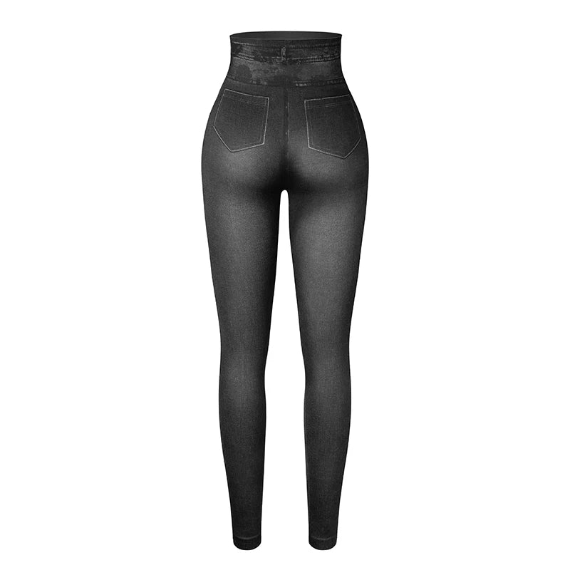Push Up Seamless High Waist Faux Denim Leggings Women Casual Elastic Pocket Jeans