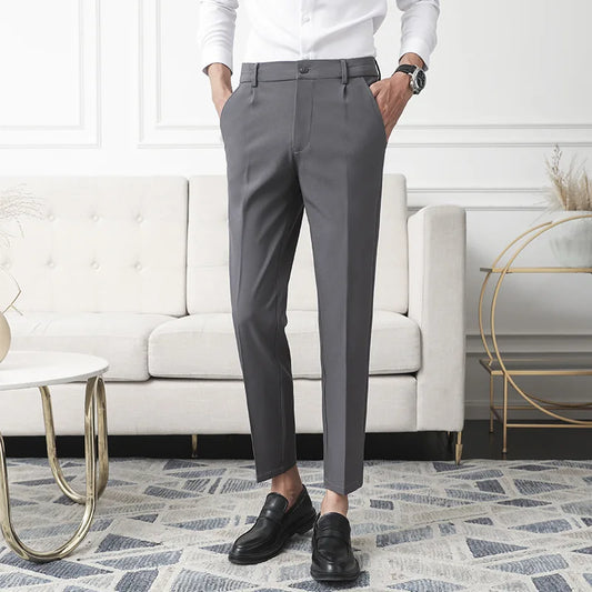 Men Non-iron fabric Dress Pants Slim Straight Black Apricot Dark Gray