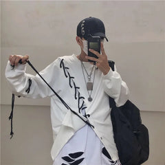 Japanese Fashion Men`s Street Style Lace Hoodie Punk Loose Fit Pullover Designer
