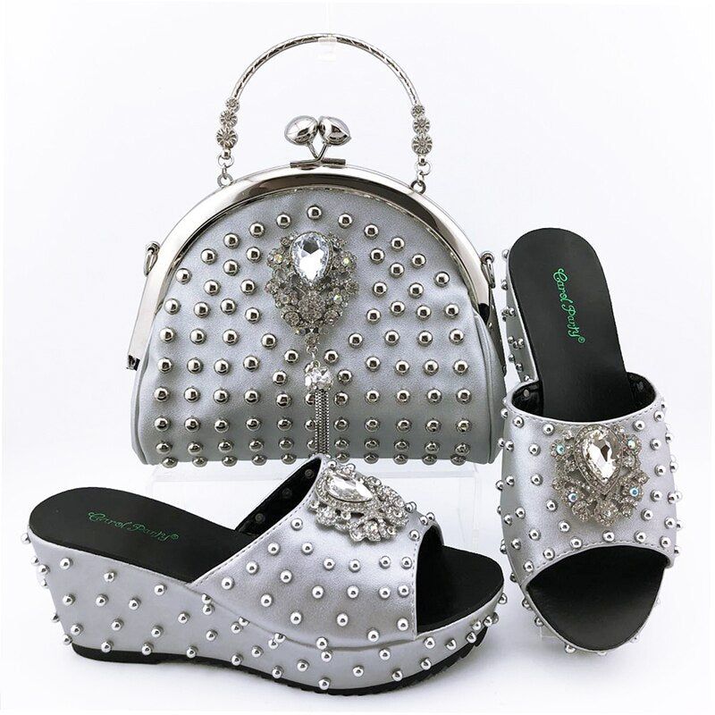 Wedding Shoes and Bag Set gold Color Italian Shoes with Matching Bags